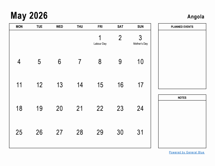 May 2026 Printable Monthly Calendar with Angola Holidays