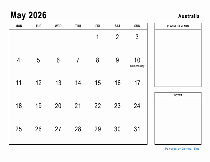 May 2026 Printable Monthly Calendar with Australia Holidays