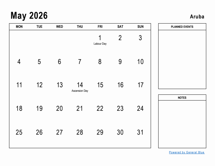 May 2026 Printable Monthly Calendar with Aruba Holidays