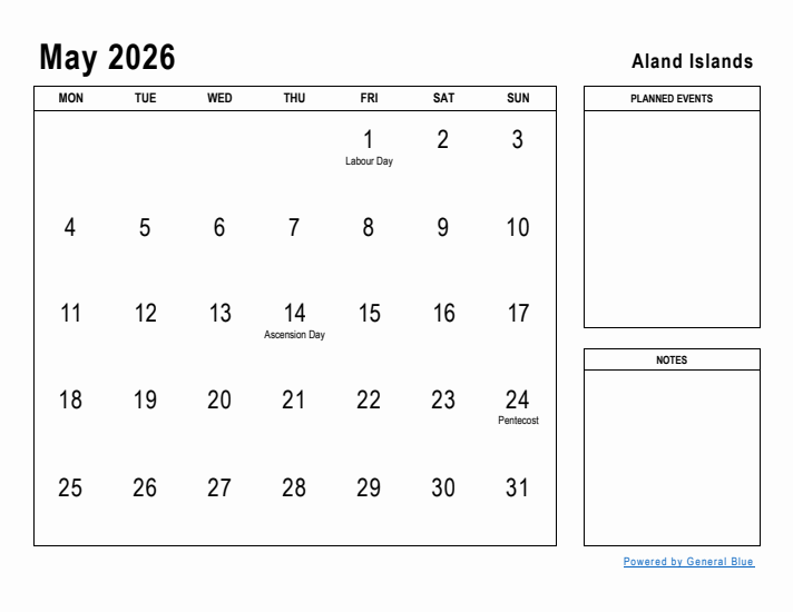 May 2026 Printable Monthly Calendar with Aland Islands Holidays