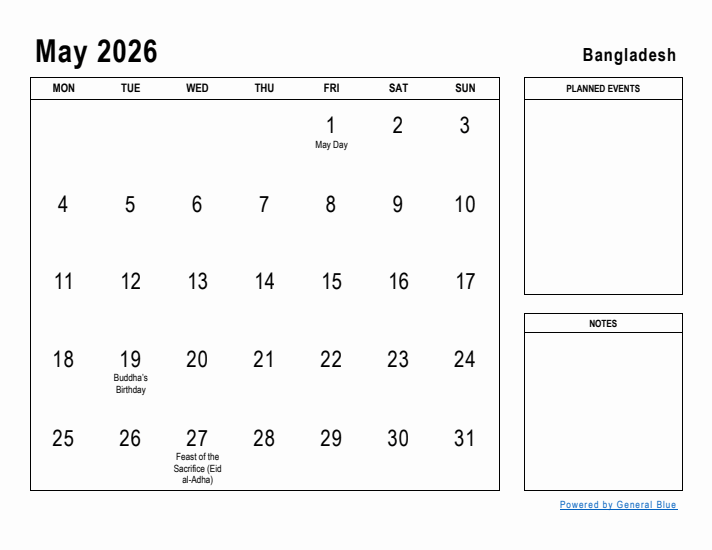 May 2026 Printable Monthly Calendar with Bangladesh Holidays