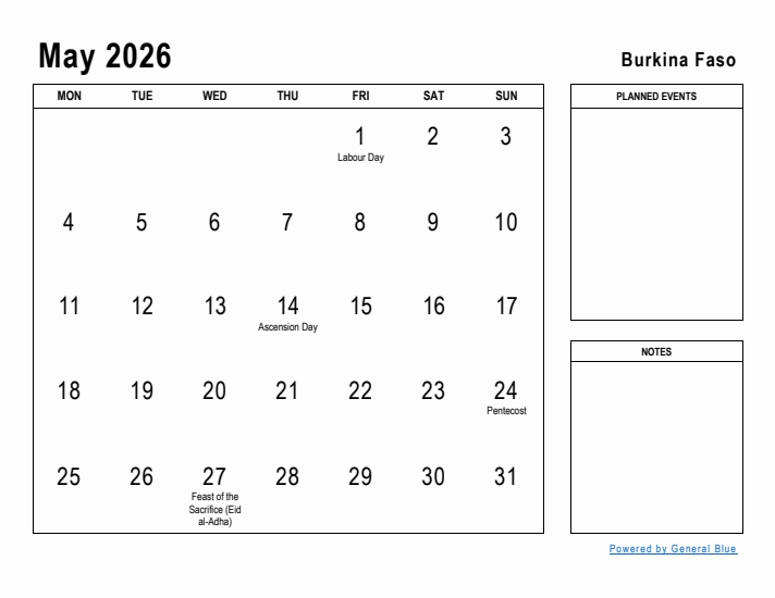 May 2026 Printable Monthly Calendar with Burkina Faso Holidays