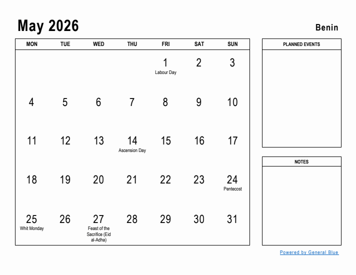 May 2026 Printable Monthly Calendar with Benin Holidays