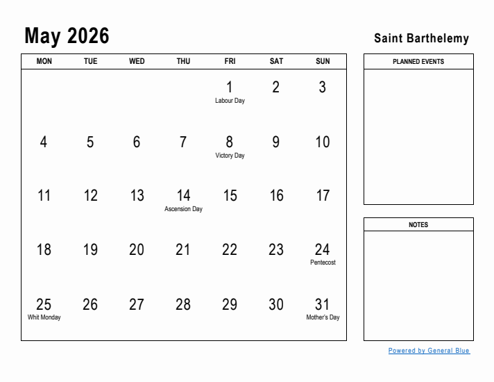 May 2026 Printable Monthly Calendar with Saint Barthelemy Holidays