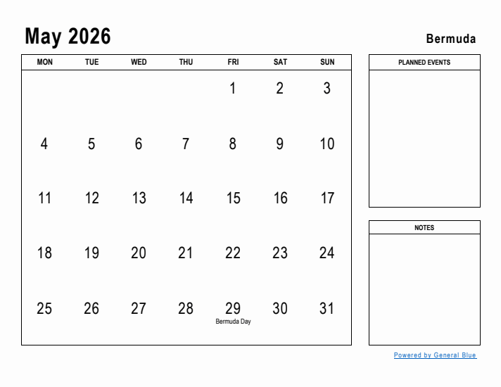 May 2026 Printable Monthly Calendar with Bermuda Holidays