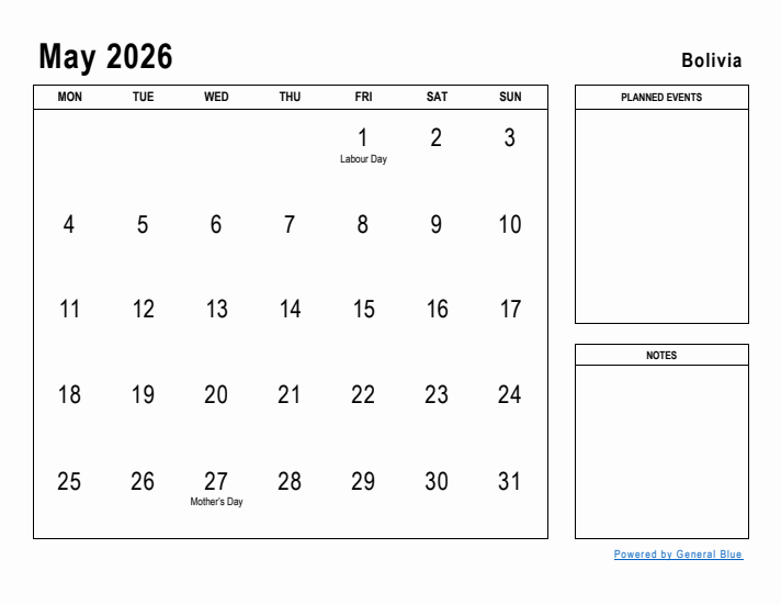 May 2026 Printable Monthly Calendar with Bolivia Holidays