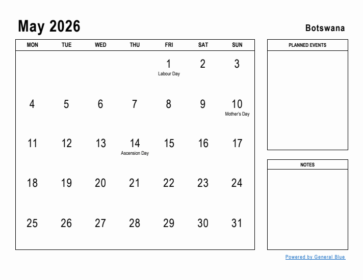 May 2026 Printable Monthly Calendar with Botswana Holidays