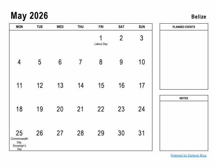 May 2026 Printable Monthly Calendar with Belize Holidays