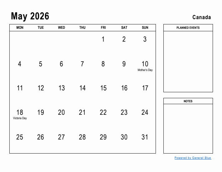 May 2026 Printable Monthly Calendar with Canada Holidays