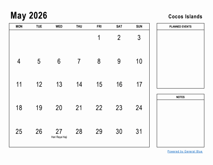 May 2026 Printable Monthly Calendar with Cocos Islands Holidays