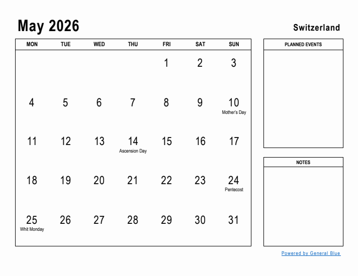 May 2026 Printable Monthly Calendar with Switzerland Holidays