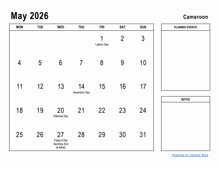 May 2026 Printable Monthly Calendar with Cameroon Holidays