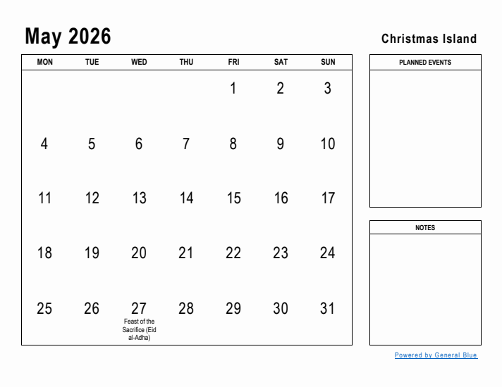 May 2026 Printable Monthly Calendar with Christmas Island Holidays