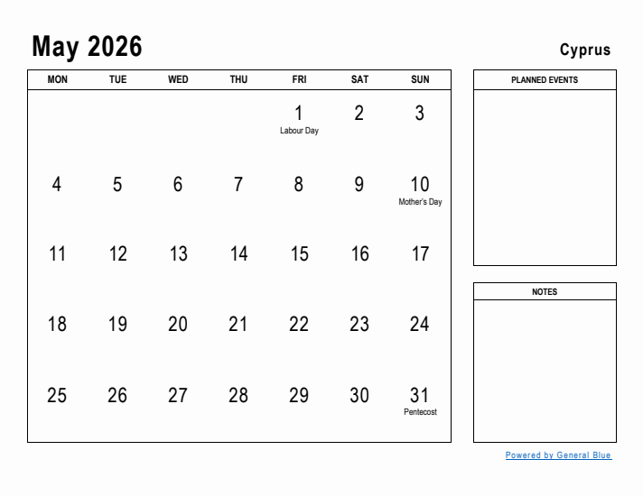 May 2026 Printable Monthly Calendar with Cyprus Holidays