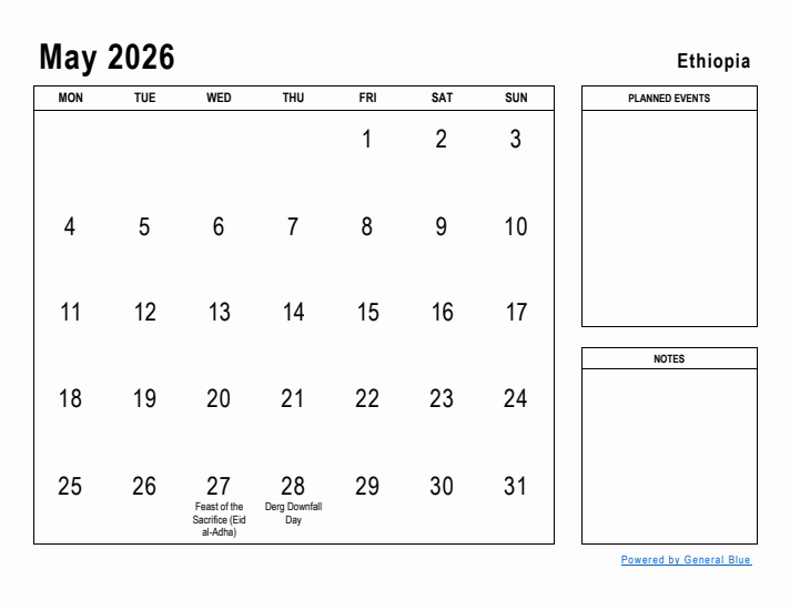 May 2026 Printable Monthly Calendar with Ethiopia Holidays