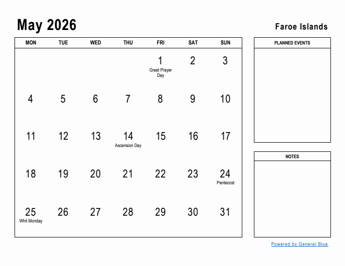 May 2026 Printable Monthly Calendar with Faroe Islands Holidays