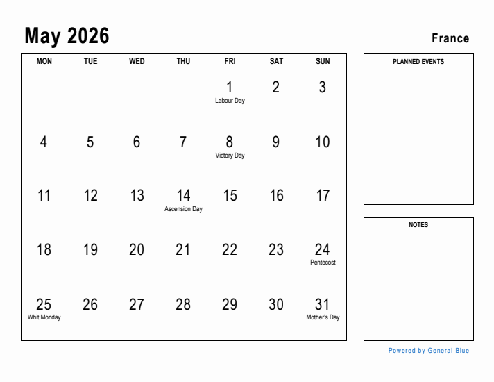 May 2026 Printable Monthly Calendar with France Holidays