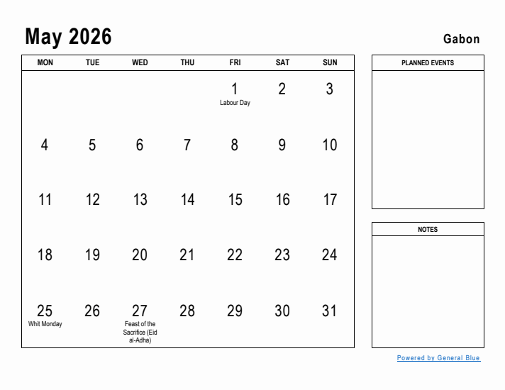 May 2026 Printable Monthly Calendar with Gabon Holidays