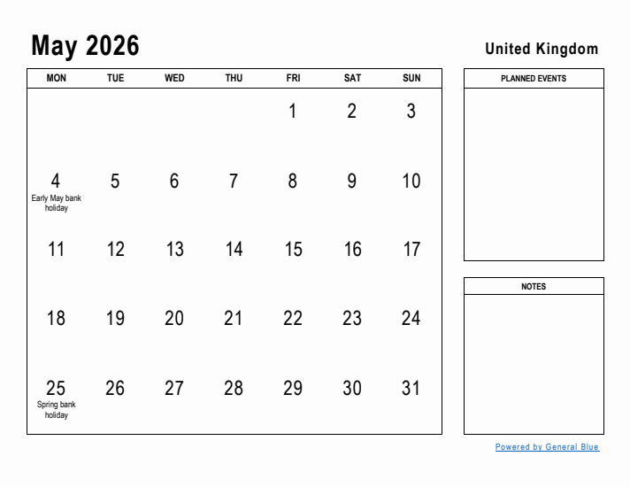 May 2026 Printable Monthly Calendar with United Kingdom Holidays