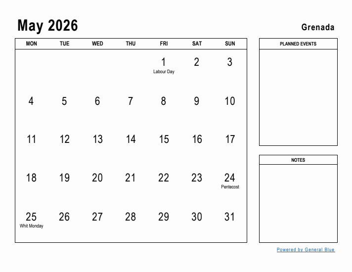 May 2026 Printable Monthly Calendar with Grenada Holidays