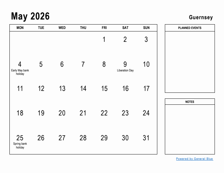 May 2026 Printable Monthly Calendar with Guernsey Holidays