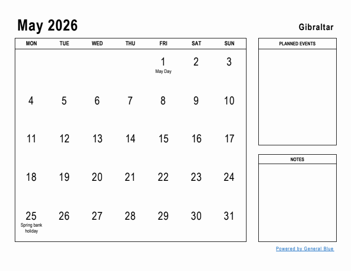 May 2026 Printable Monthly Calendar with Gibraltar Holidays