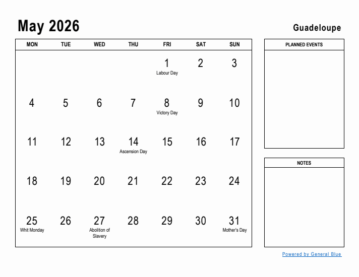 May 2026 Printable Monthly Calendar with Guadeloupe Holidays