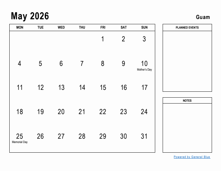 May 2026 Printable Monthly Calendar with Guam Holidays