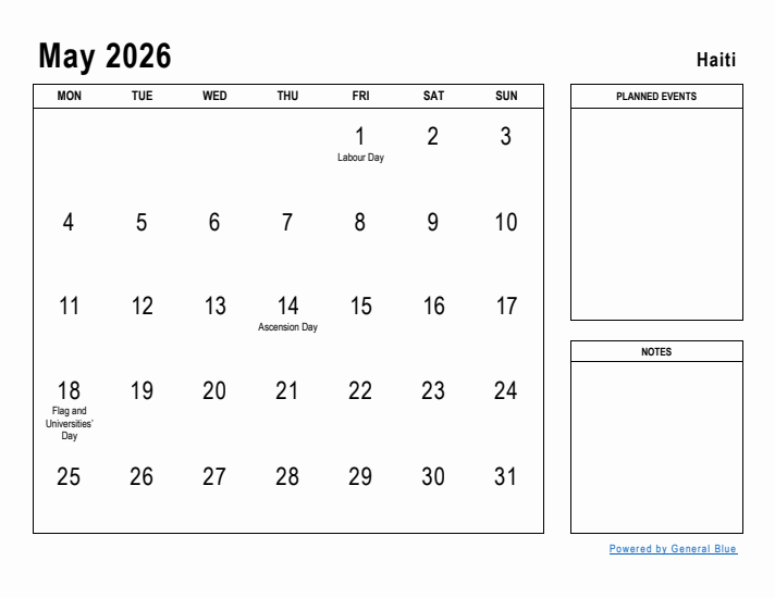 May 2026 Printable Monthly Calendar with Haiti Holidays