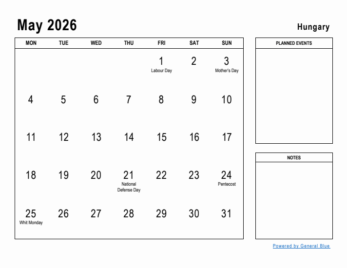 May 2026 Printable Monthly Calendar with Hungary Holidays