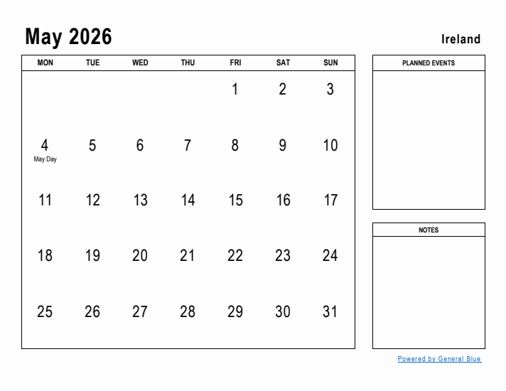 May 2026 Printable Monthly Calendar with Ireland Holidays