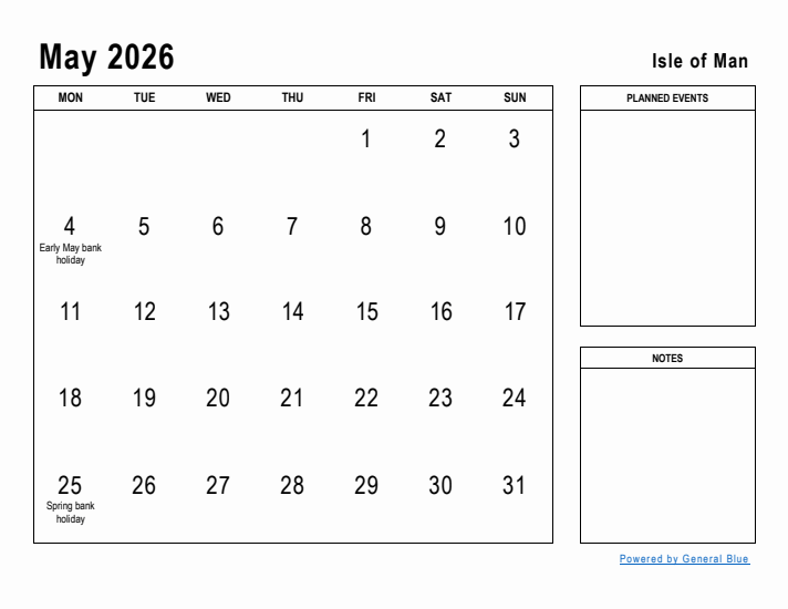 May 2026 Printable Monthly Calendar with Isle of Man Holidays