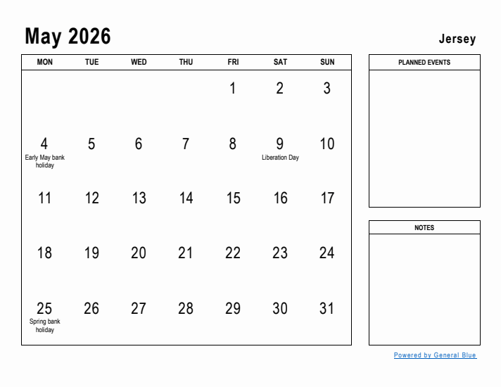 May 2026 Printable Monthly Calendar with Jersey Holidays