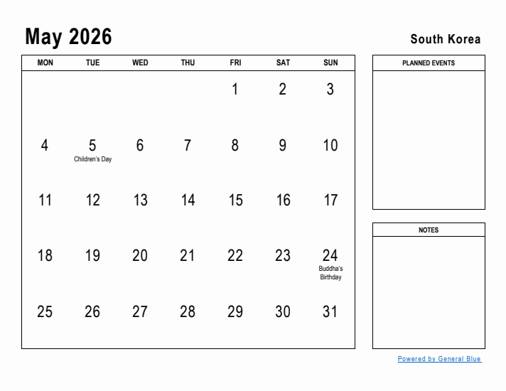 May 2026 Printable Monthly Calendar with South Korea Holidays