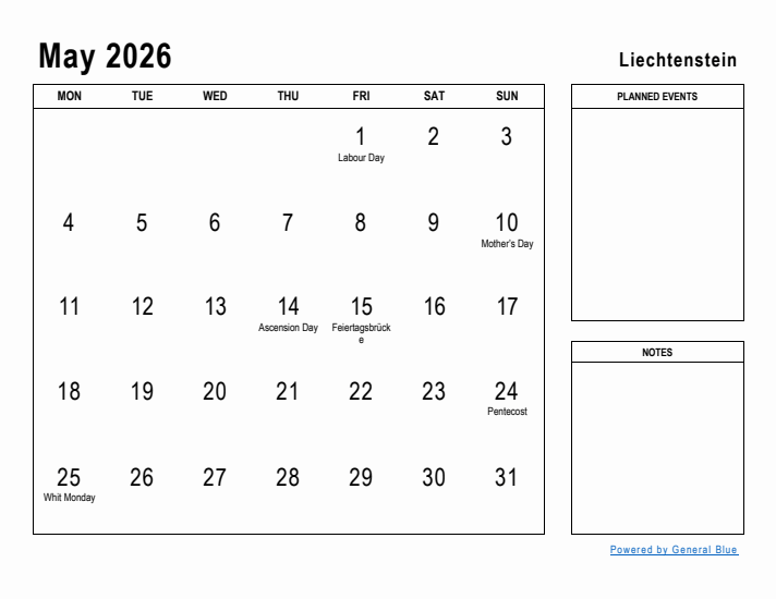 May 2026 Printable Monthly Calendar with Liechtenstein Holidays