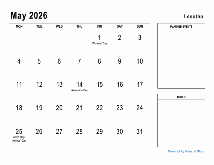 May 2026 Printable Monthly Calendar with Lesotho Holidays