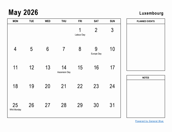 May 2026 Printable Monthly Calendar with Luxembourg Holidays