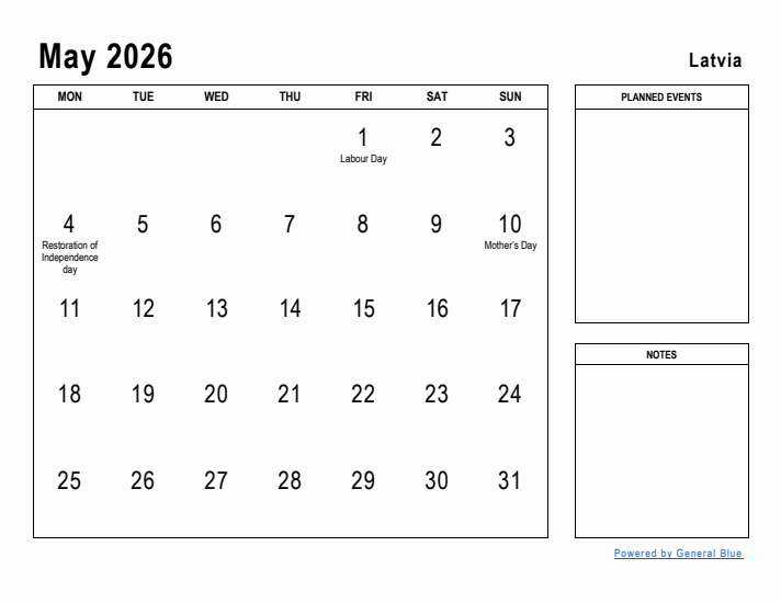 May 2026 Printable Monthly Calendar with Latvia Holidays