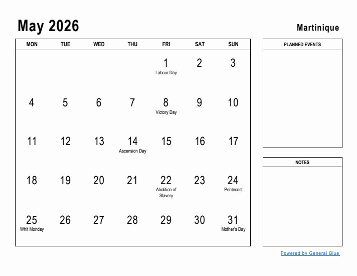 May 2026 Printable Monthly Calendar with Martinique Holidays