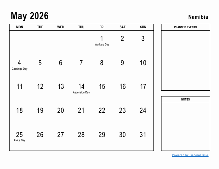 May 2026 Printable Monthly Calendar with Namibia Holidays