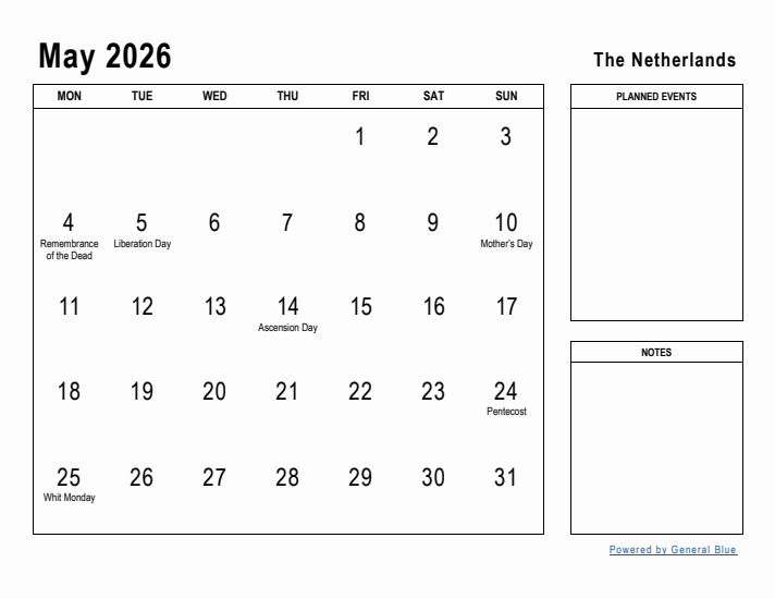 May 2026 Printable Monthly Calendar with The Netherlands Holidays