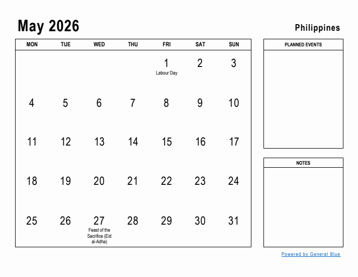 May 2026 Printable Monthly Calendar with Philippines Holidays