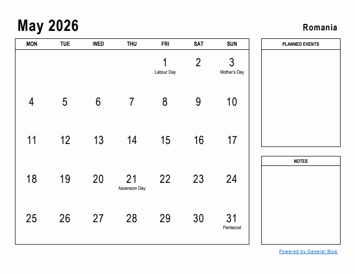 May 2026 Printable Monthly Calendar with Romania Holidays