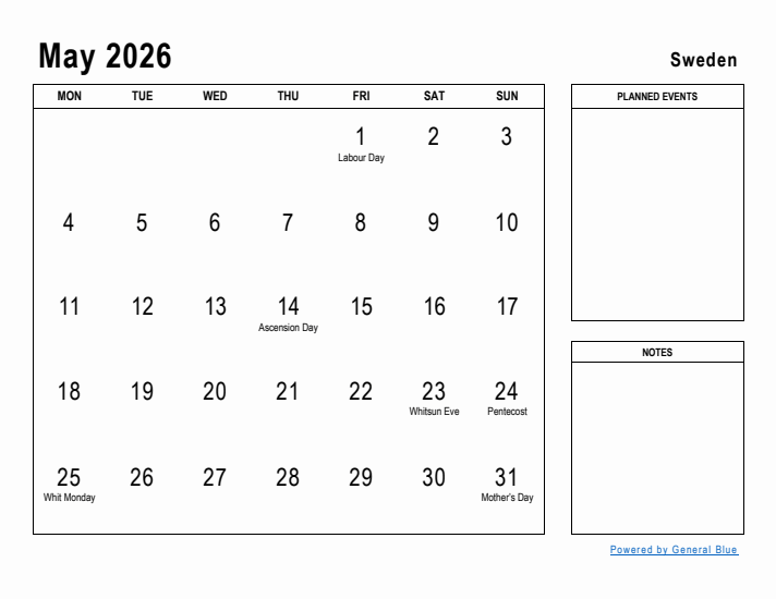 May 2026 Printable Monthly Calendar with Sweden Holidays