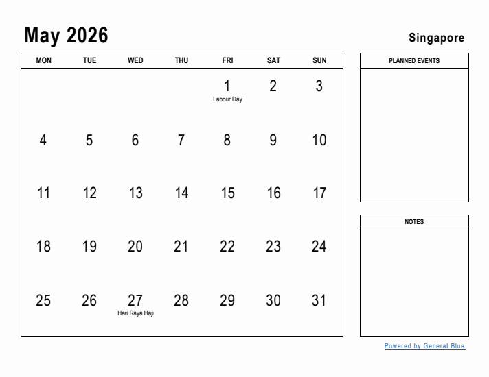 May 2026 Printable Monthly Calendar with Singapore Holidays