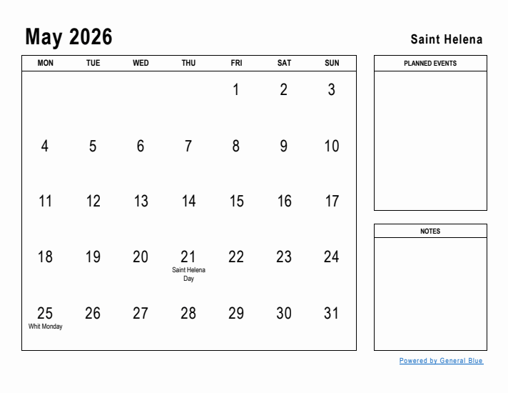 May 2026 Printable Monthly Calendar with Saint Helena Holidays