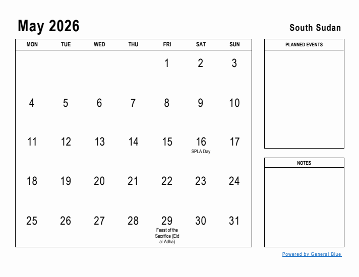 May 2026 Printable Monthly Calendar with South Sudan Holidays