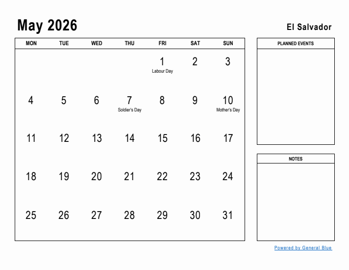 May 2026 Printable Monthly Calendar with El Salvador Holidays