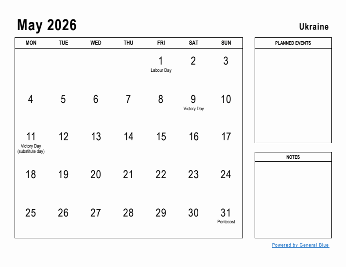 May 2026 Printable Monthly Calendar with Ukraine Holidays