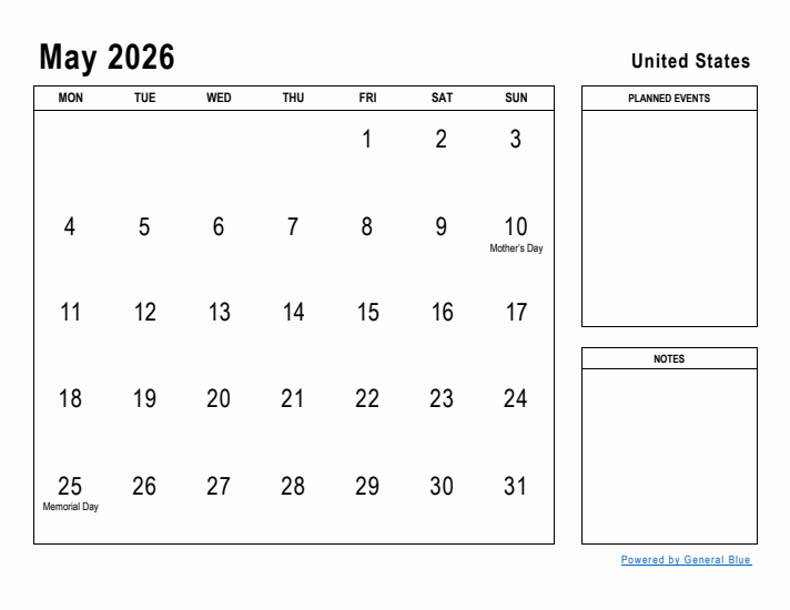 May 2026 Printable Monthly Calendar with United States Holidays